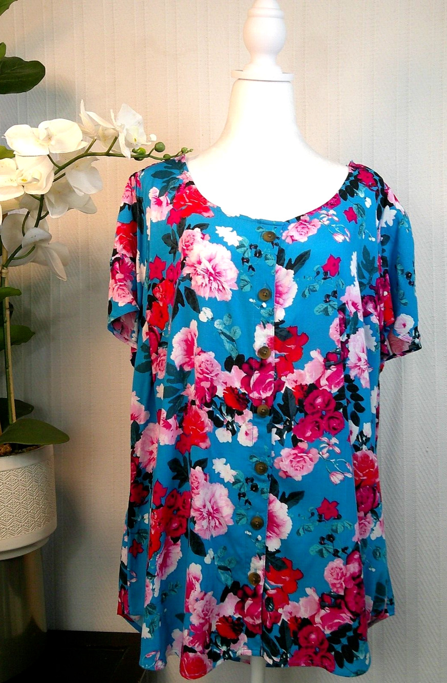 Torrid Blue Pink Floral Rayon Button-Front Flutter Sleeve Top/Blouse-Size 3X